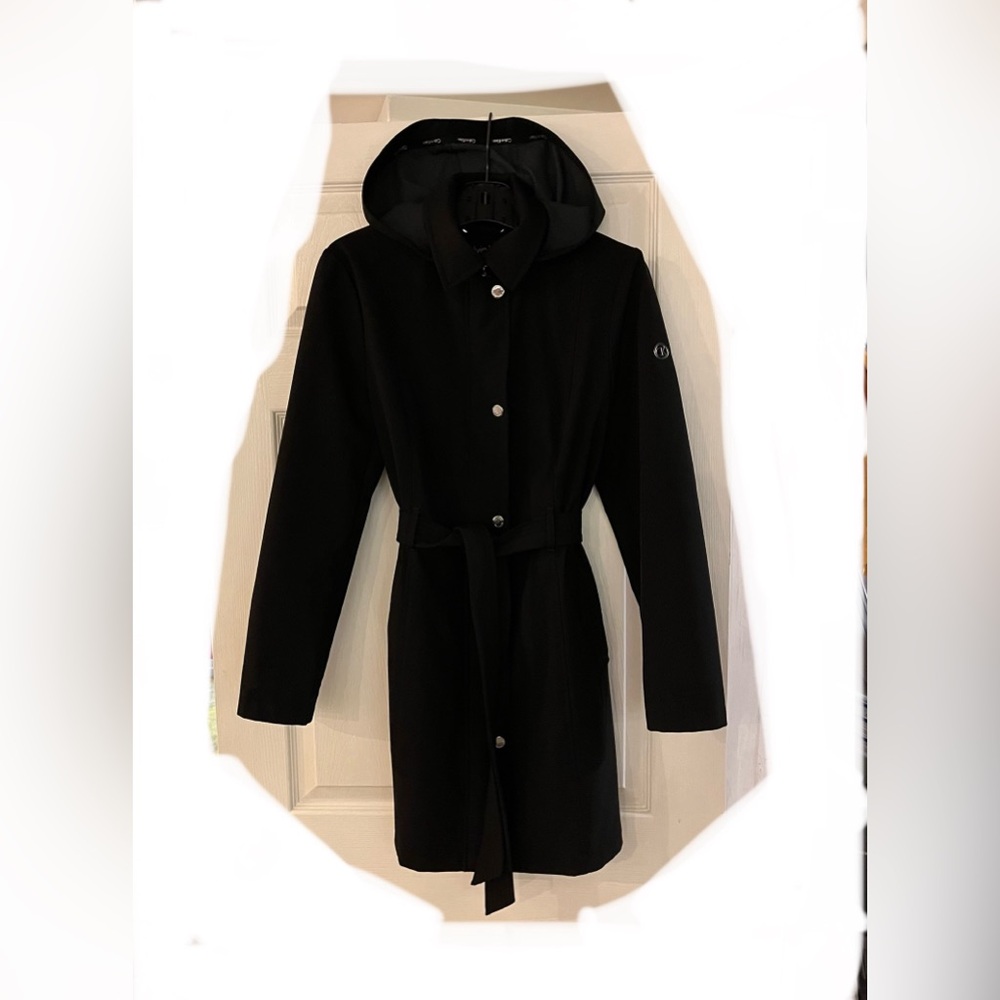 Calvin Klein Long Black Stylish Hooded Spring Jacket with Matching Belt | M